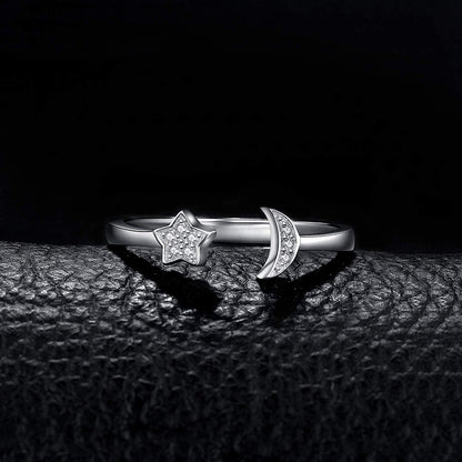 925 Silver Ring, Star And Moon